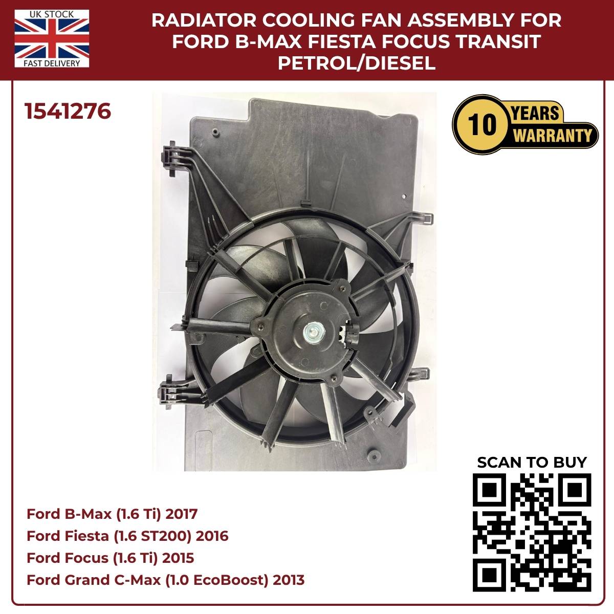 Radiator Cooling Fan Assembly – Ford B‑MAX, Fiesta, Focus, Transit (Petrol/Diesel)