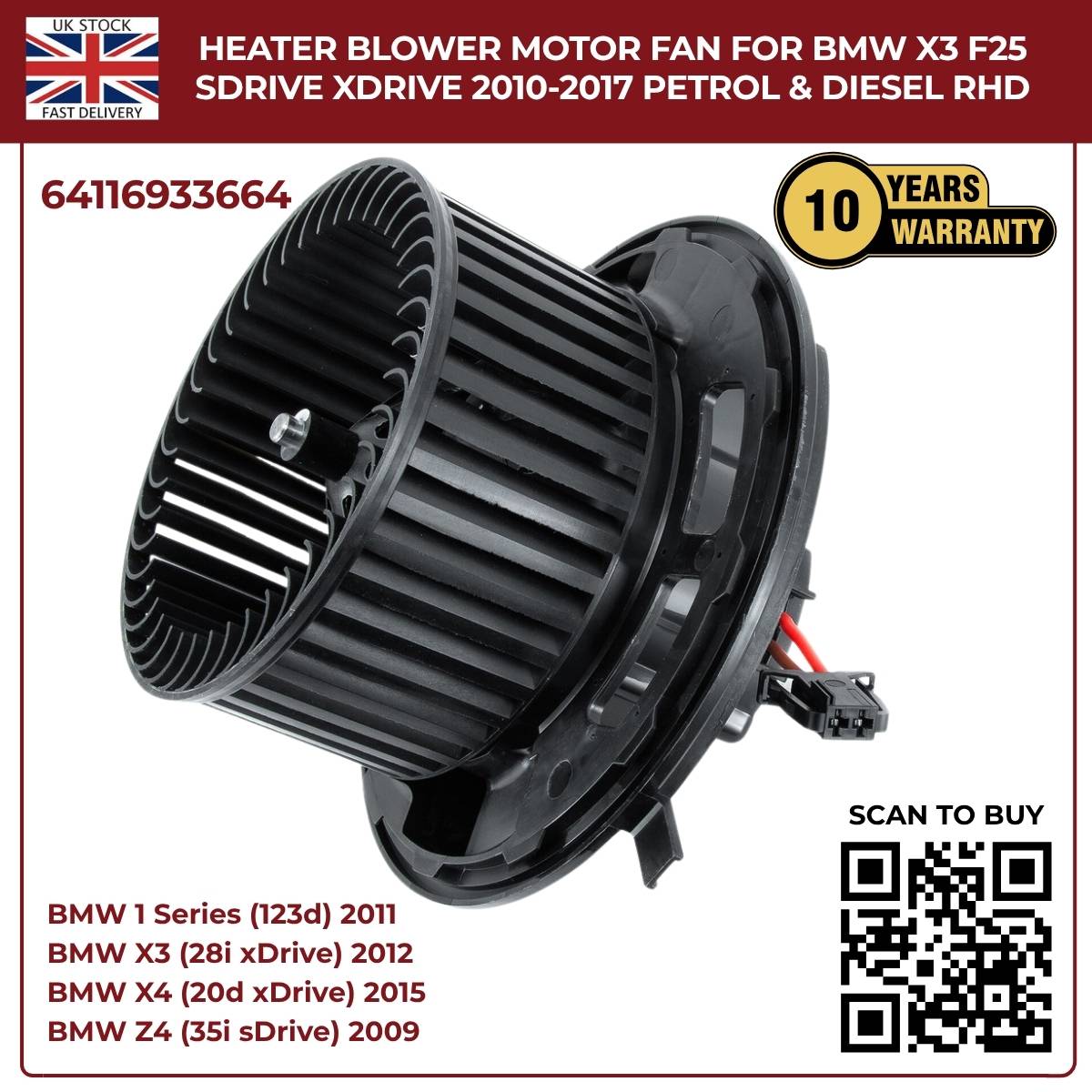 Image of Replacement Blower Motor Fan 64116933664 for BMW E90 E91 E92 X1