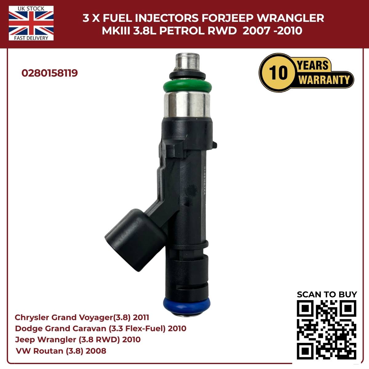 3x Fuel Injectors 0280158119 – Fits 2007–2010 Jeep Wrangler MKIII 3.8L Petrol RWD | OE Replacement