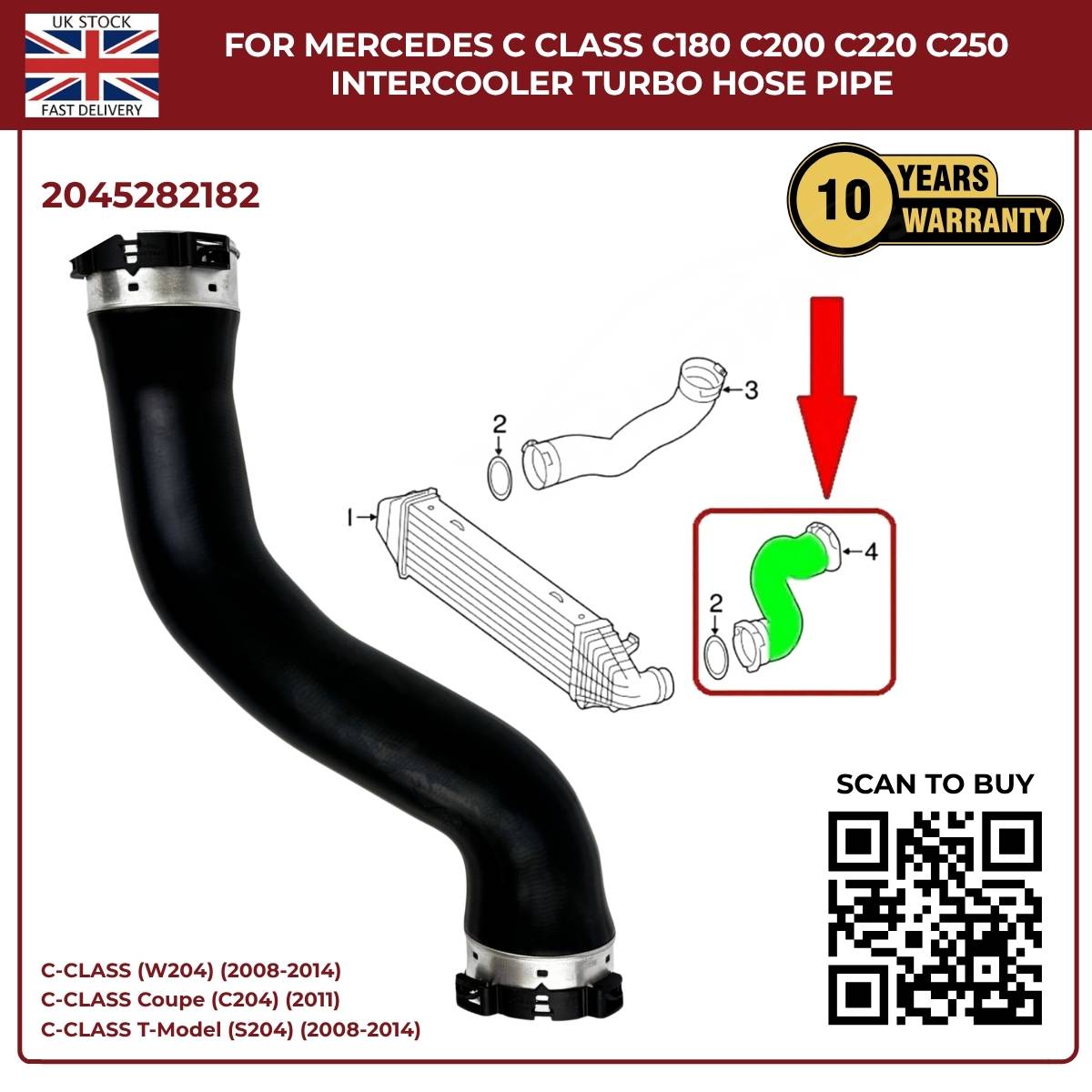 Mercedes C‑Class Intercooler Turbo Hose Pipe – C180 C200 C220 C250 | OE 2045282182 – Black Grille