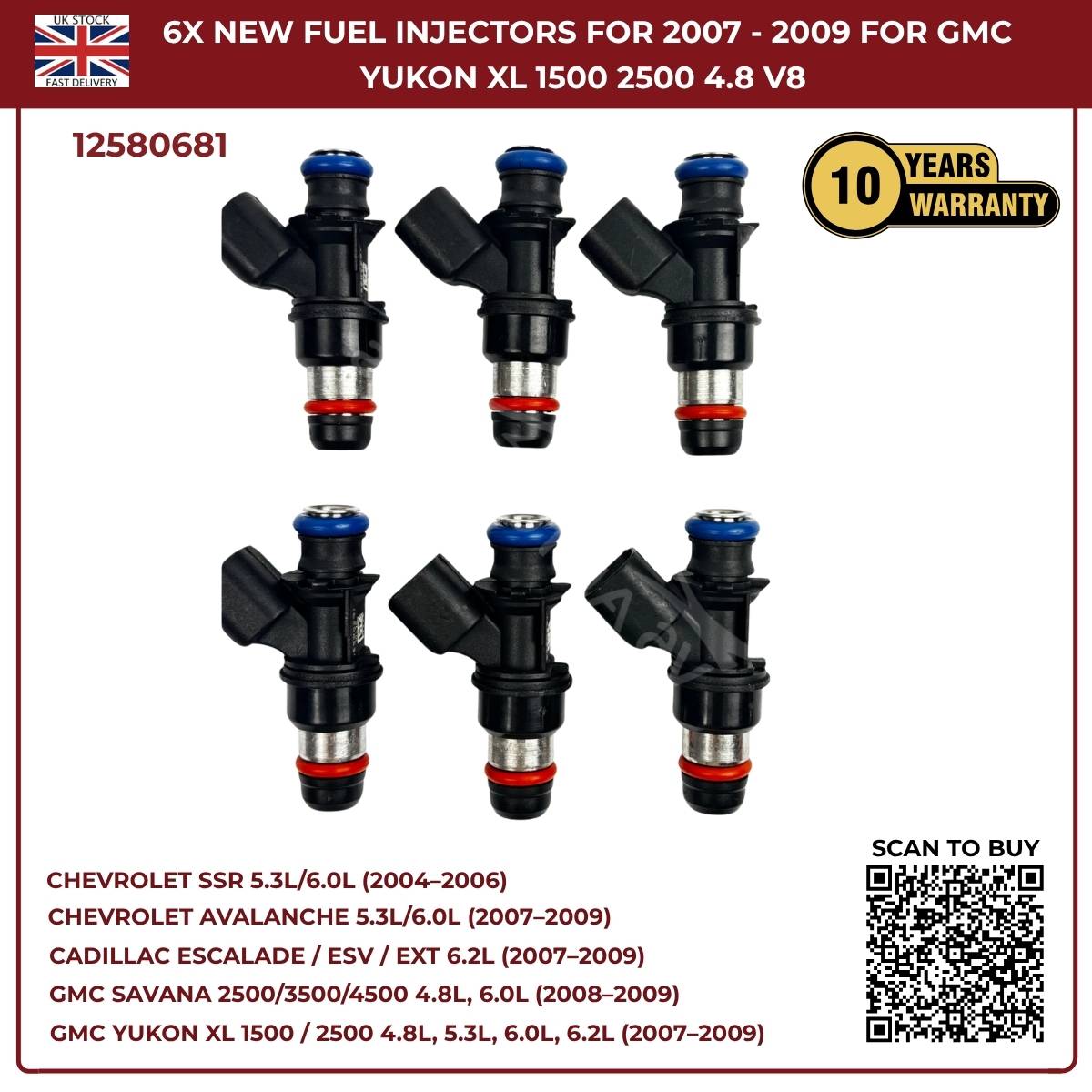 Set of 6 High-Flow Fuel Injectors | Fits 2005–2006 Chevrolet SSR 5.3L & 6.0L V8 Petrol | OEM 12580681 Replacement