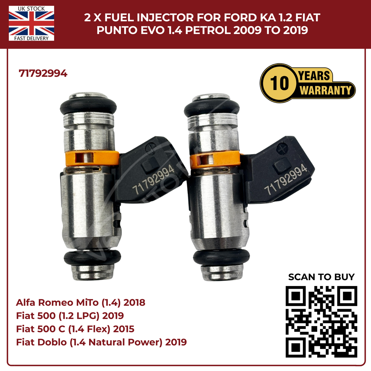 2× Fuel Injectors 71792994 – Fits 2009–2019 Ford Ka 1.2 & Fiat Punto Evo 1.4 Petrol