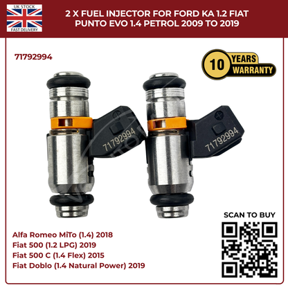 2× Fuel Injectors 71792994 – Fits 2009–2019 Ford Ka 1.2 & Fiat Punto Evo 1.4 Petrol