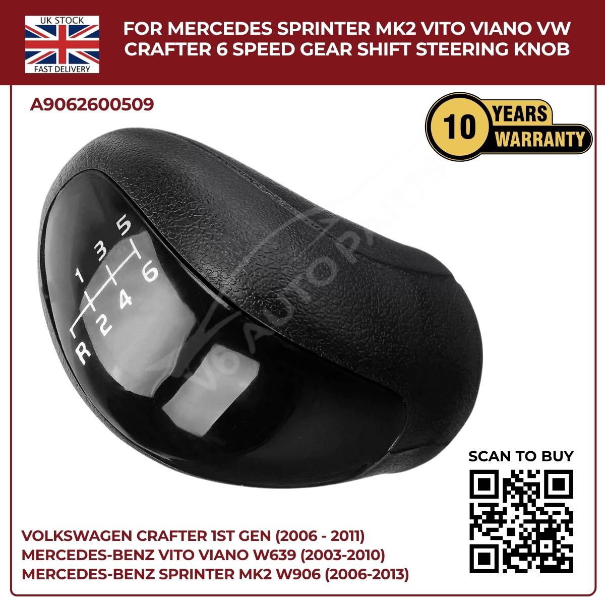 Black Leather 6‑Speed Gear Shift Knob – Fits Mercedes Sprinter MK2 W906 (2006‑2013, 3.5T / 4.5T)