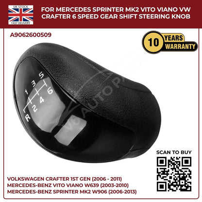 Black Leather 6‑Speed Gear Shift Knob – Fits Mercedes Sprinter MK2 W906 (2006‑2013, 3.5T / 4.5T)