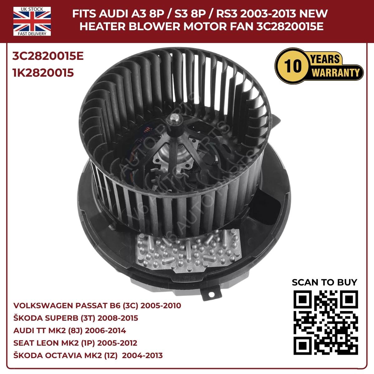 Heater Blower Motor Fan For Audi TT MK2 2006–2014 / A3 8P S3 – OEM 1K2820015A, 3C2820015E