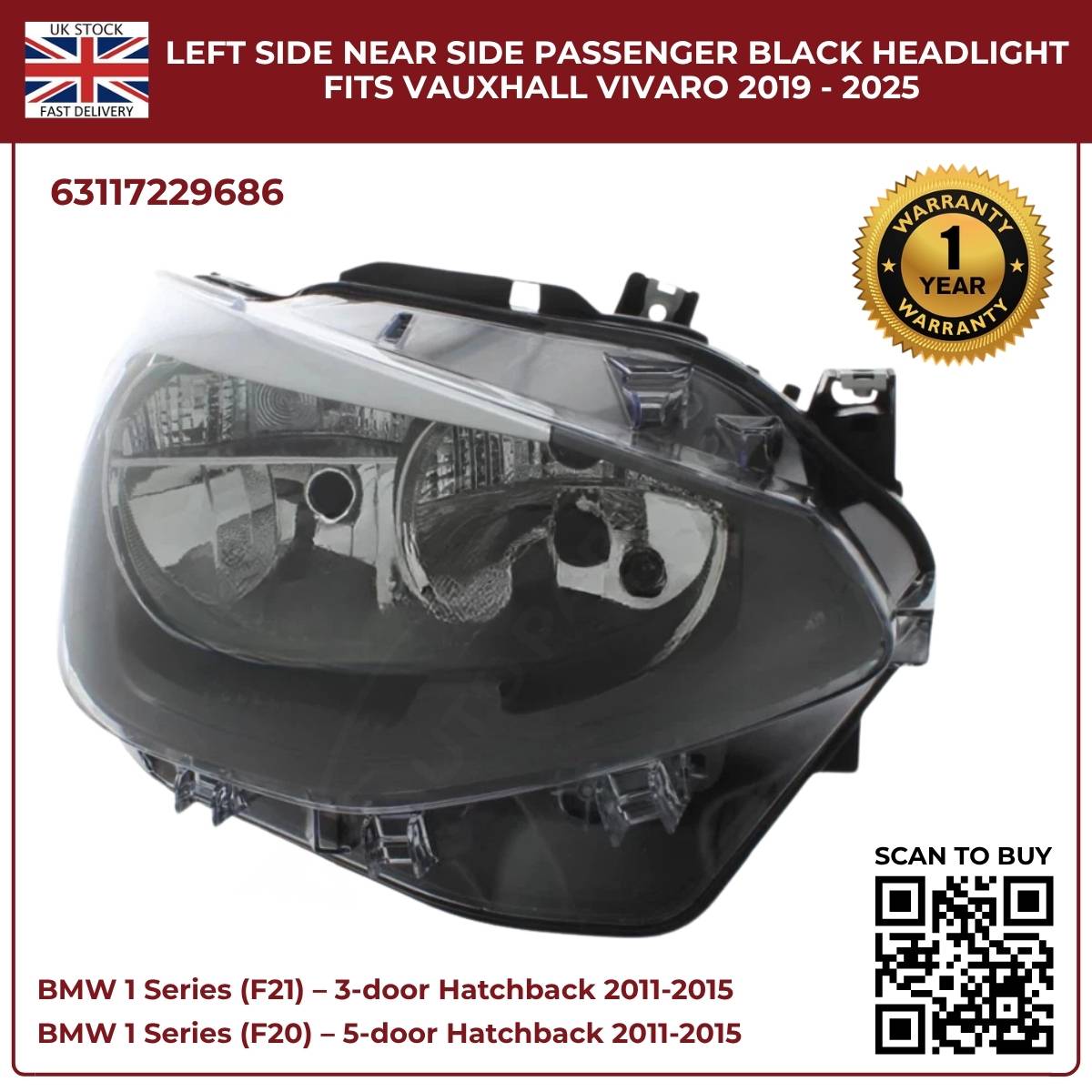 For BMW 1 Series F20/F21 Halogen Headlight – Right Side | 2011‑2015 RHD | Black Inner Housing | 63117229686