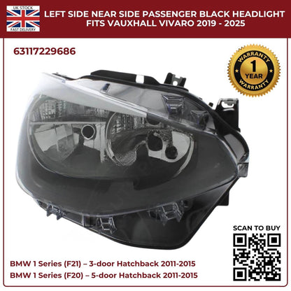 For BMW 1 Series F20/F21 Halogen Headlight – Right Side | 2011‑2015 RHD | Black Inner Housing | 63117229686