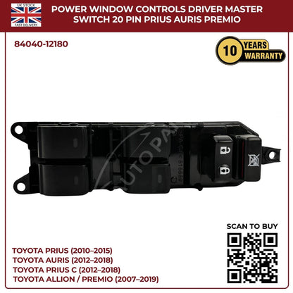 Toyota Lexus Driver Master Power Window Switch – Lock Control Buttons (OEM 84040‑12180, CT200h Prius Corolla)