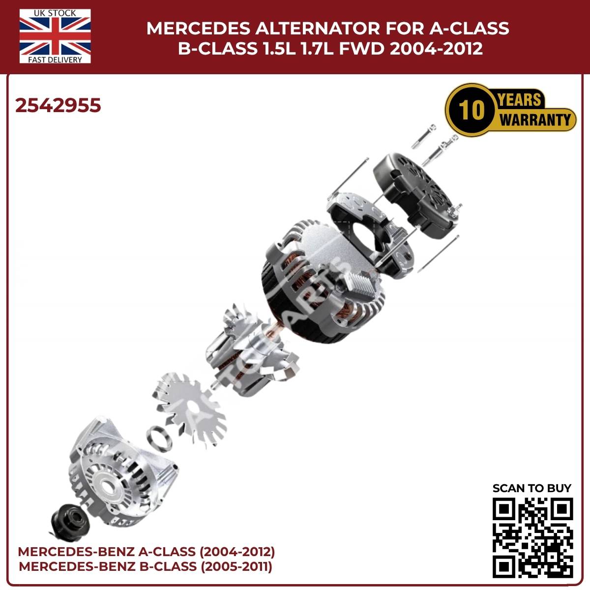 Mercedes Alternator SG9B121 / 2542955 — A-Class W169 & B-Class W245 1.5L / 1.7L Petrol FWD (2004–2012)
