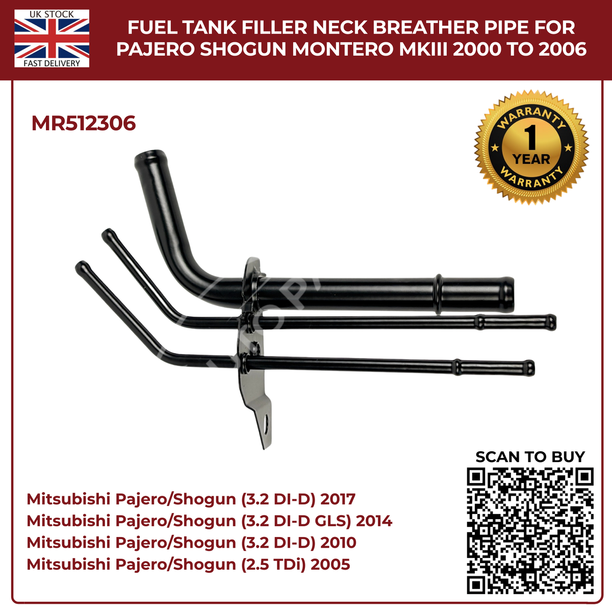 Fuel Tank Filler Neck Breather Pipe MR512306 For Mitsubishi Pajero Shogun Montero MK3 (2000–2006 Diesel)