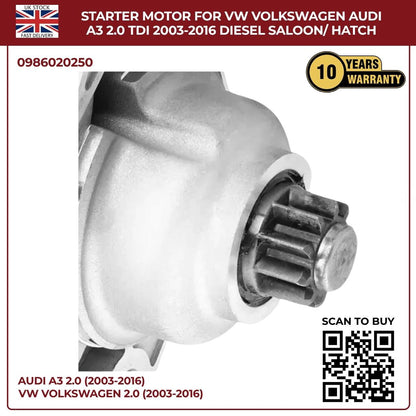 Starter Motor for VW & Audi A3 2.0 TDI (2003–2016) Diesel Saloon/Hatchback