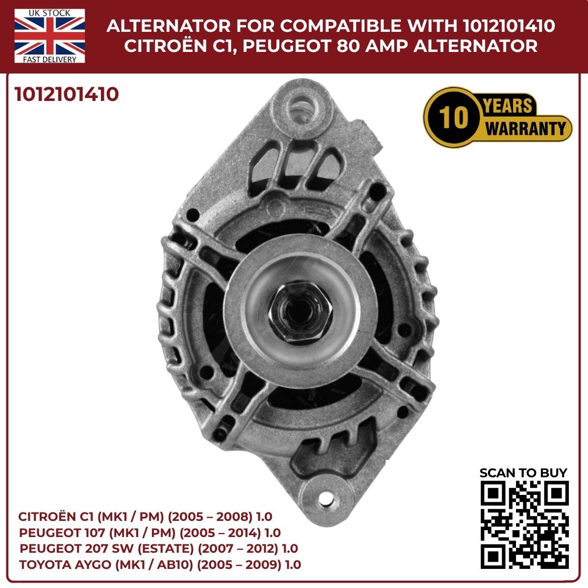 80A Alternator Fits Peugeot 107 1.0 2005‑2016 · Ref 102211‑8731 / DAN1035 / 0986049960 / DRA0248