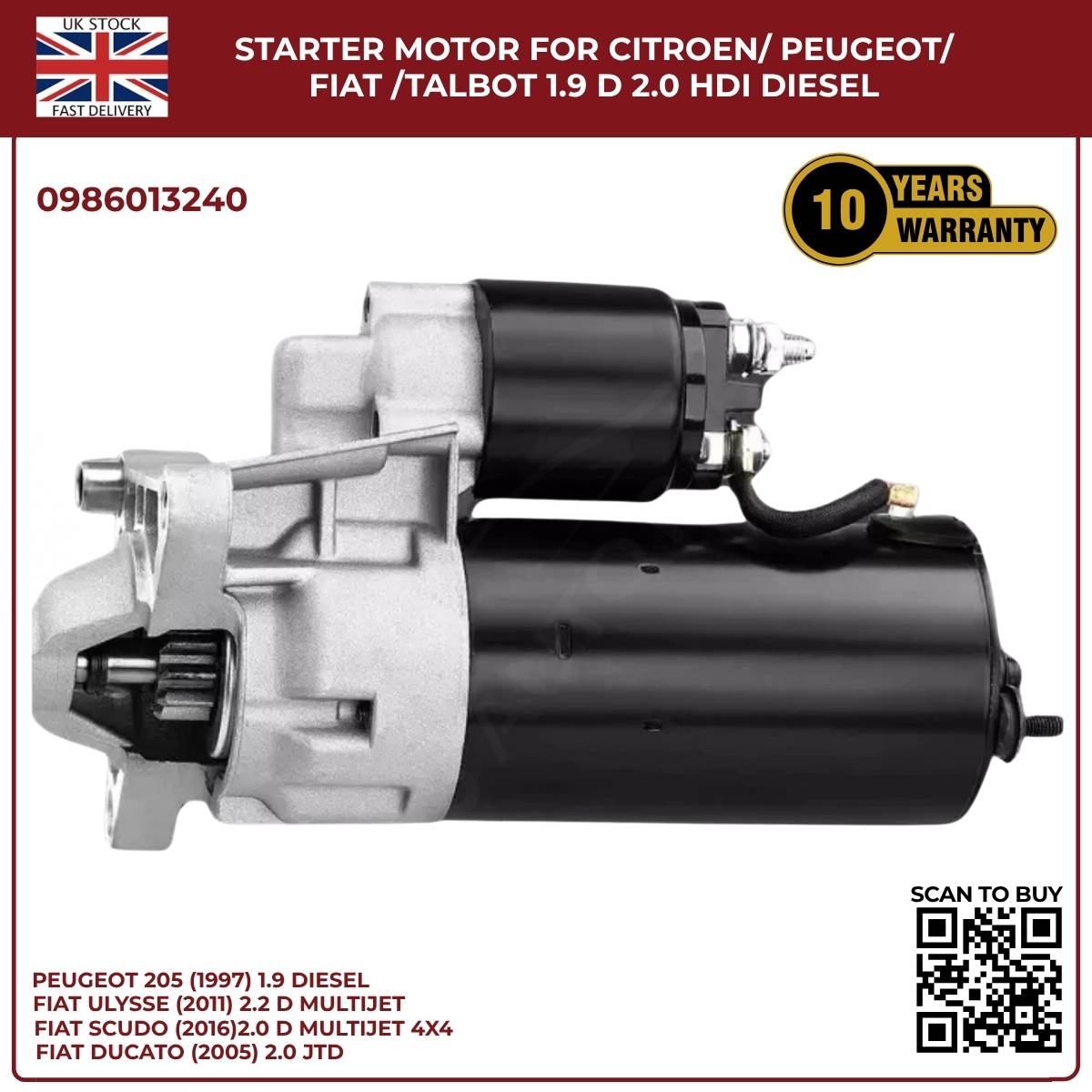 Starter Motor for Citroen / Peugeot / Fiat / Talbot – 1.9D & 2.0 HDI Diesel | Ref 0986013240