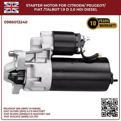 Starter Motor for Citroen / Peugeot / Fiat / Talbot – 1.9D & 2.0 HDI Diesel | Ref 0986013240