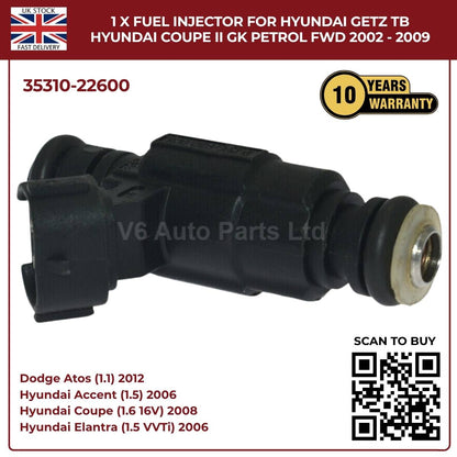 1 x Fuel Injector 35310‑22600 – Fits 2002‑2009 Hyundai Getz TB & Coupe II GK Petrol FWD