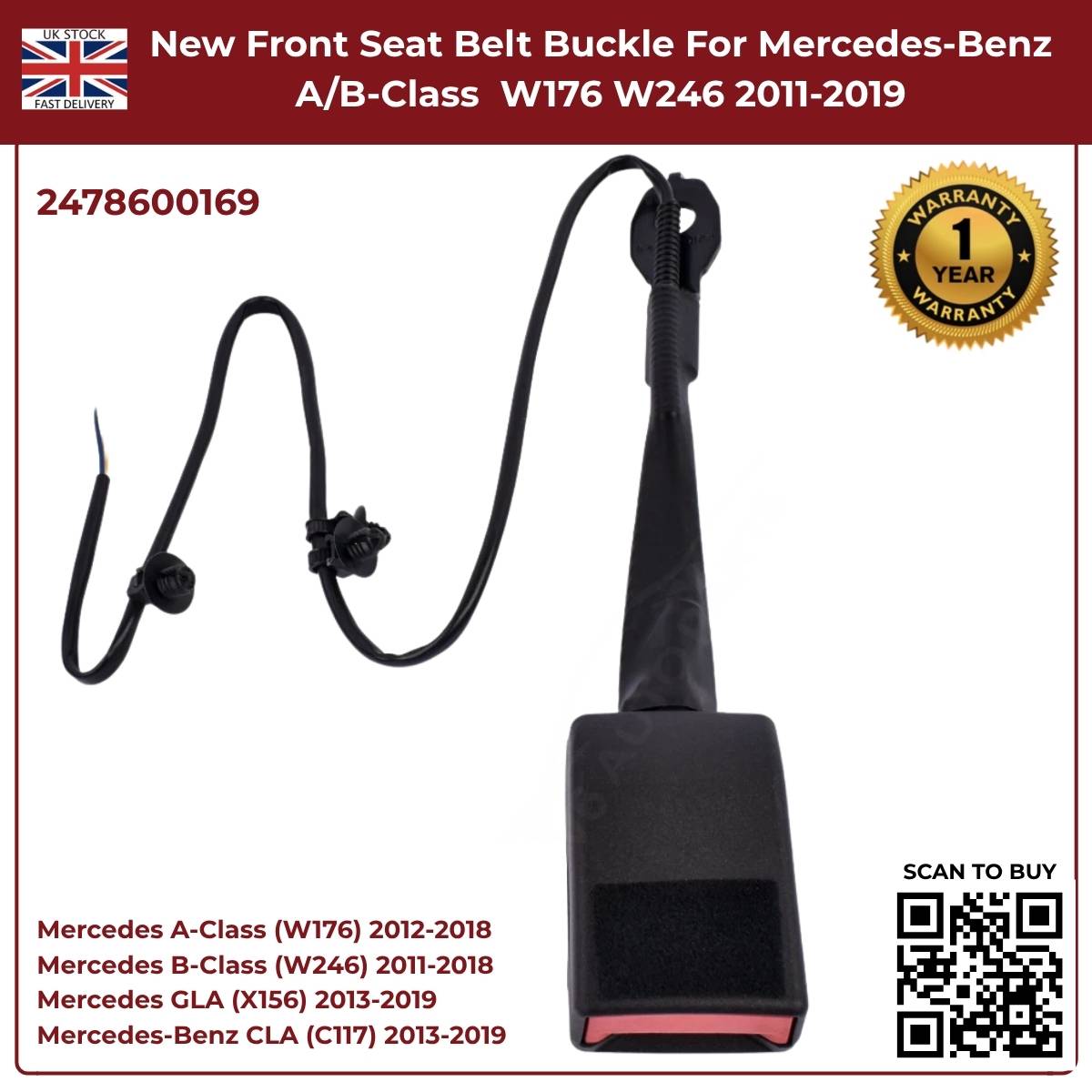 Front Seat Belt Buckle — Mercedes-Benz A-Class W176 / B-Class W246 — OE A24786095039051