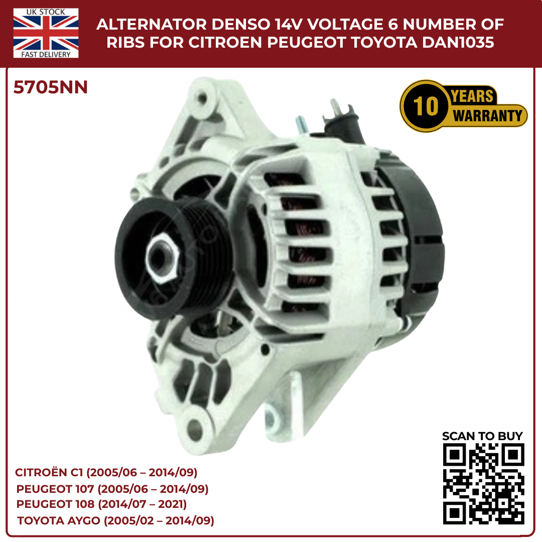 Alternator 14V 70A – 6 Rib Pulley – Citroën C1, Peugeot 107/108, Toyota Aygo – DAN1035