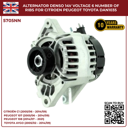 Alternator 14V 70A – 6 Rib Pulley – Citroën C1, Peugeot 107/108, Toyota Aygo – DAN1035