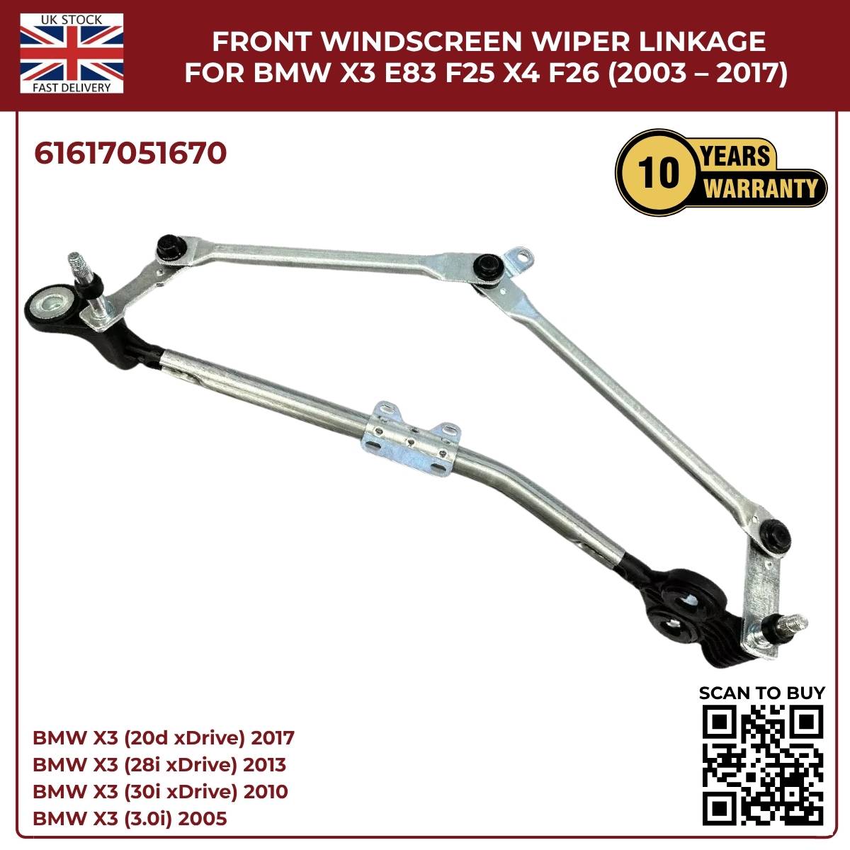 BMW Wiper Linkage Arm Assembly – Fits X3 F25 E83 & X4 F26 | OEM 61617051670 | Fast UK Dispatch