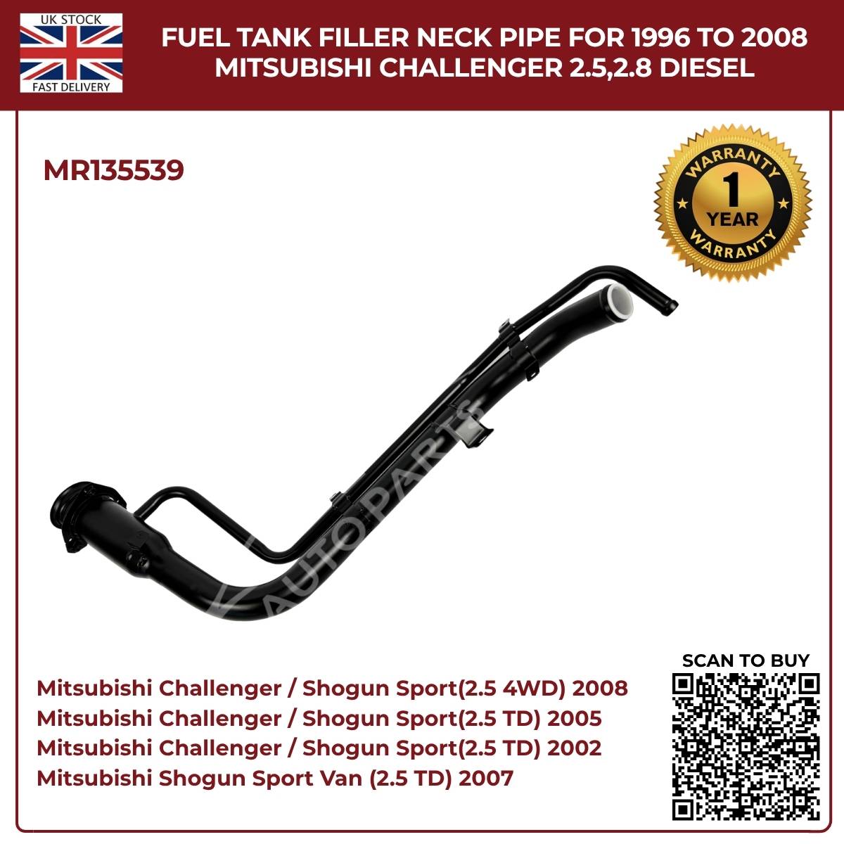 Fuel Tank Filler Neck Pipe for Mitsubishi Challenger 1996–2008 2.5 / 2.8 Diesel
