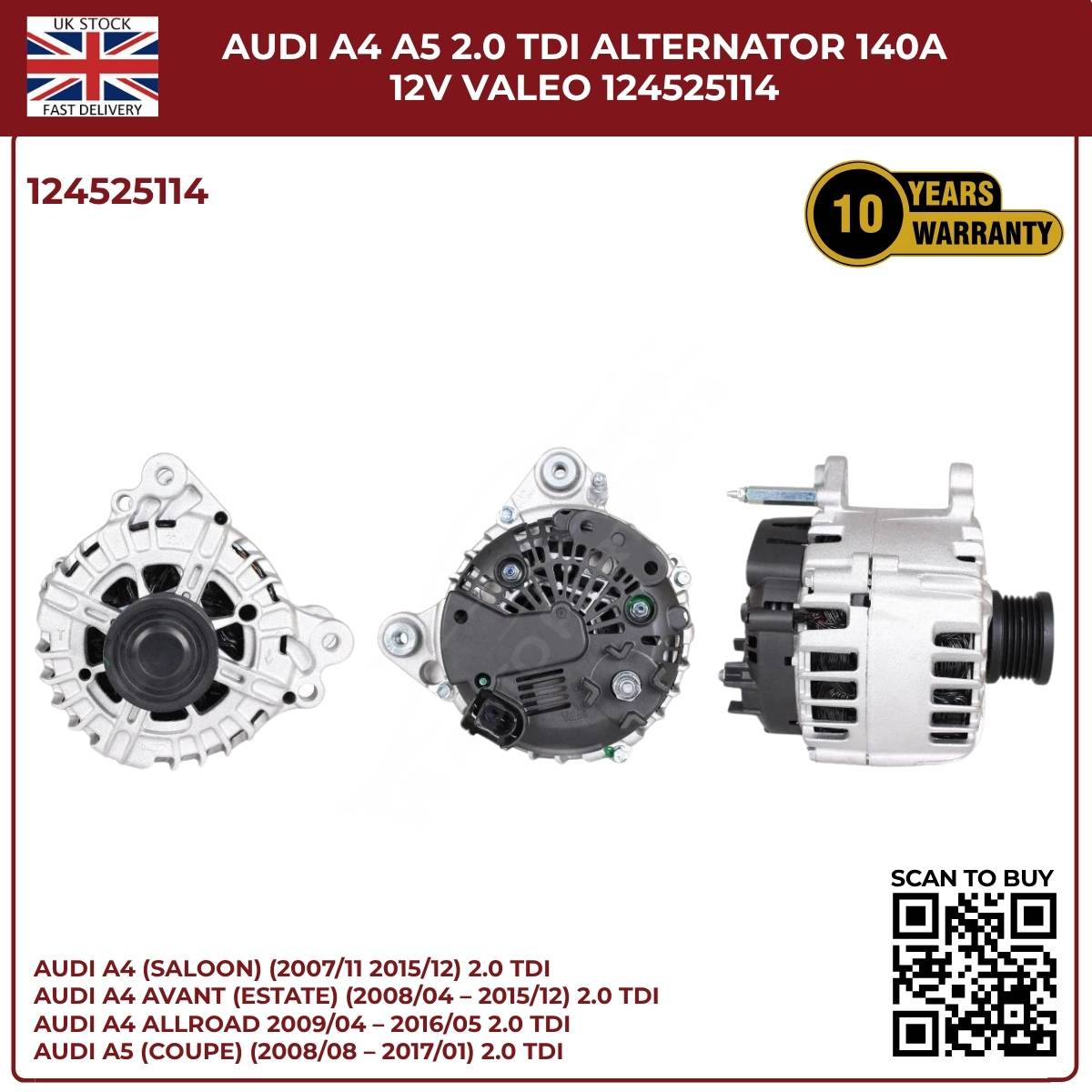 Bosch/VALEO Alternator 140A 12V – Fits Audi A4 A5 2.0 TDI – Part No. 0124525114