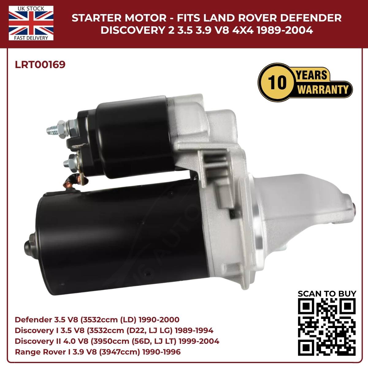Starter Motor for Land Rover Defender & Discovery V8 (3.5, 3.9, 4.0) – 1989‑2004 | OEM Replacement