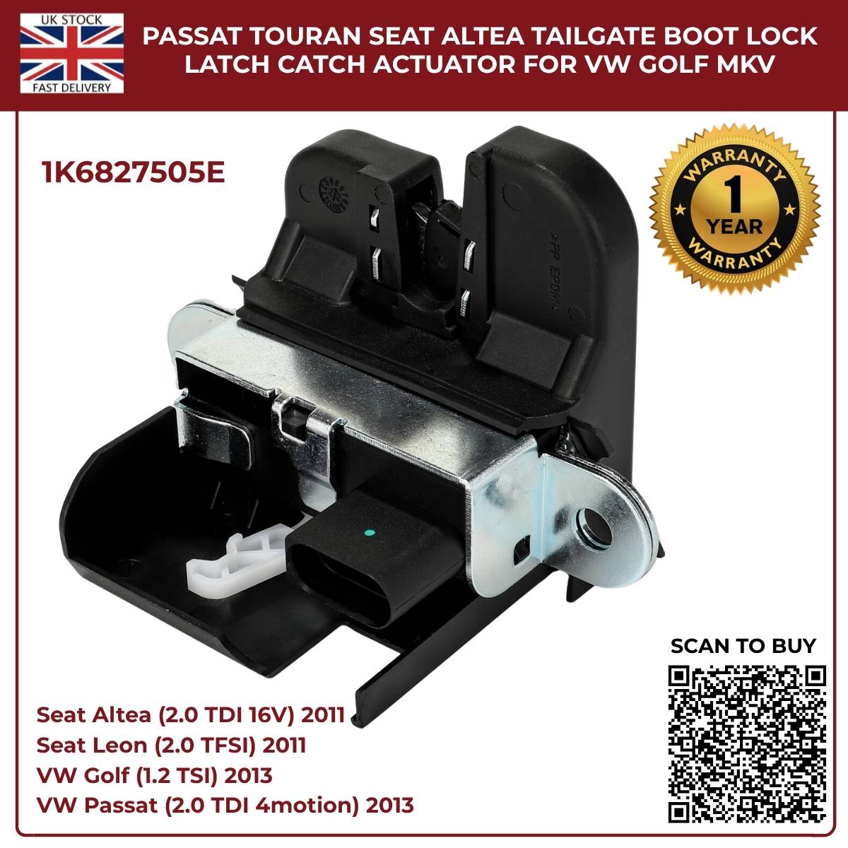 Tailgate Boot Lock Latch Catch Actuator – Fits VW Golf Mk5 Mk6, Passat, Touran, Seat Altea Leon Toledo