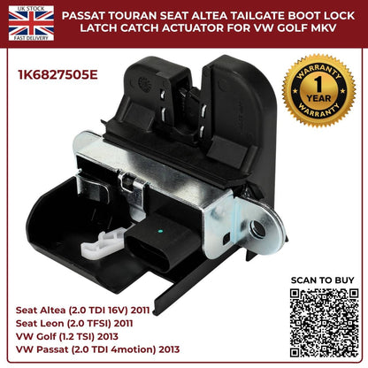 Tailgate Boot Lock Latch Catch Actuator – Fits VW Golf Mk5 Mk6, Passat, Touran, Seat Altea Leon Toledo