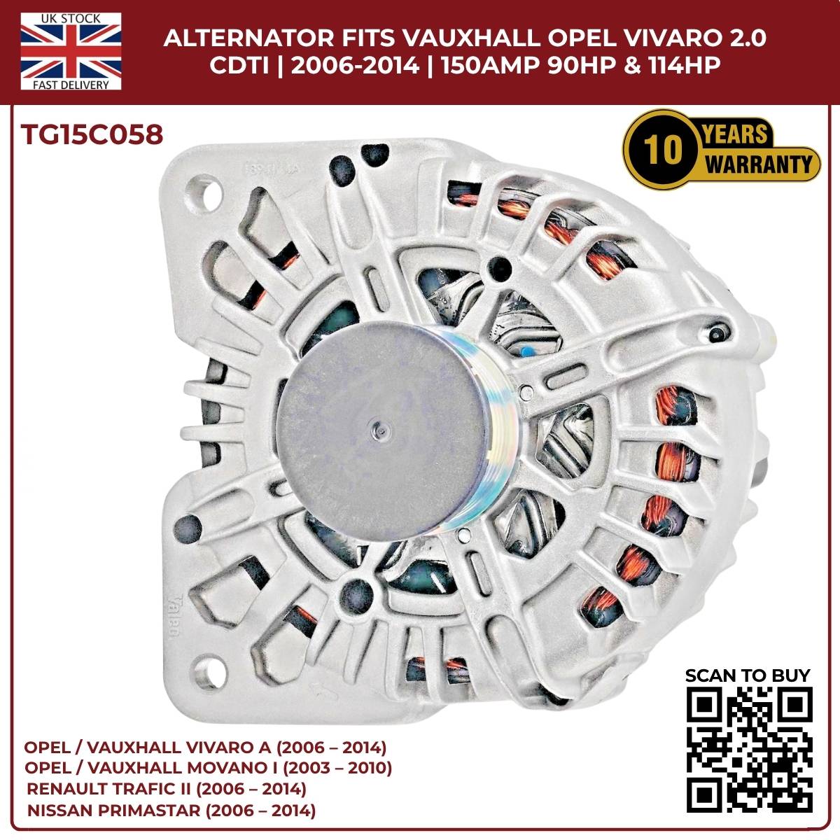 TG15C058 Alternator – 12V 150A | Fits 2006‑2014 Opel/Vauxhall Vivaro A 2.0 CDTi Diesel