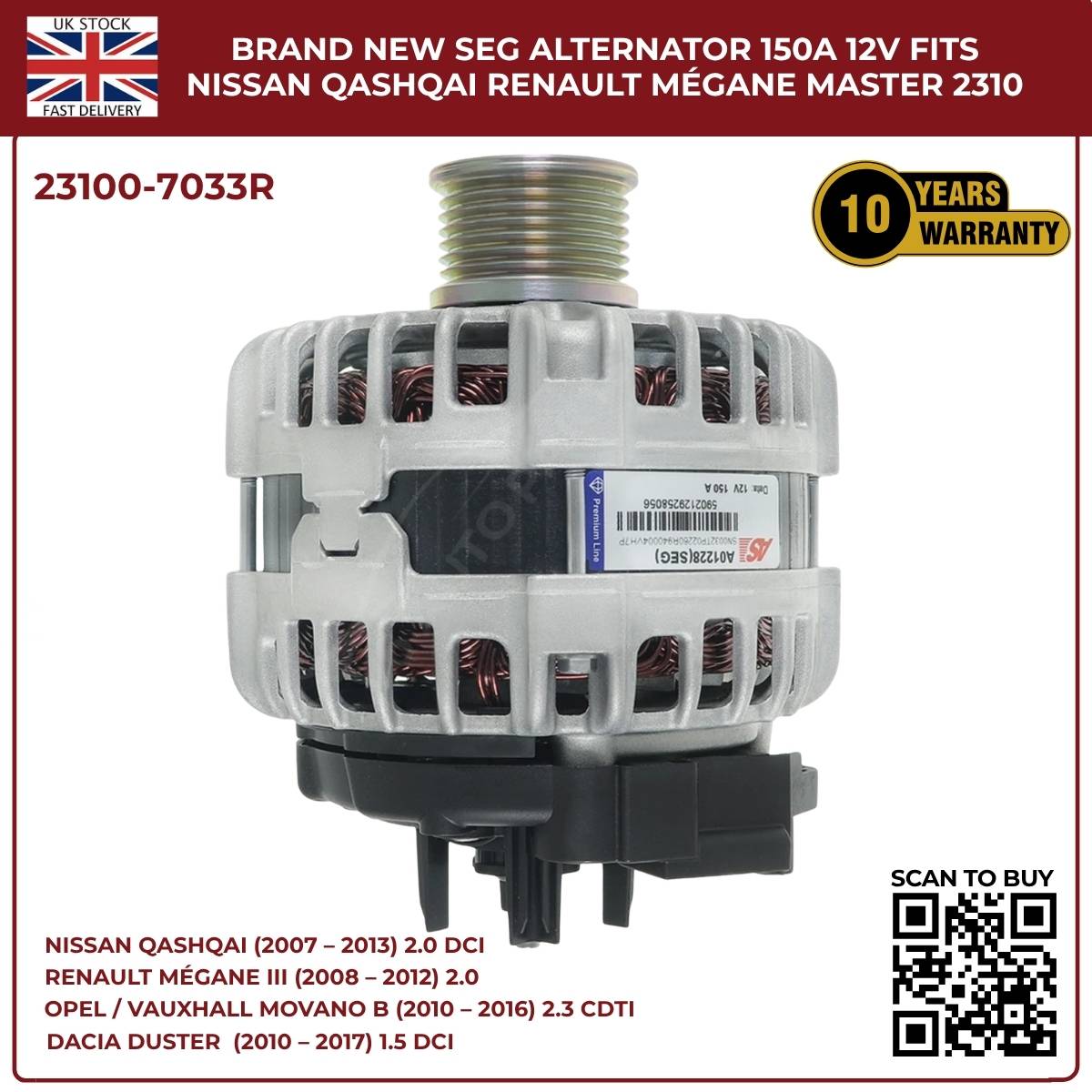 Alternator 23100‑7033R 12V 150A – Renault Master MK3, Vauxhall Movano B MK2, Nissan NV400