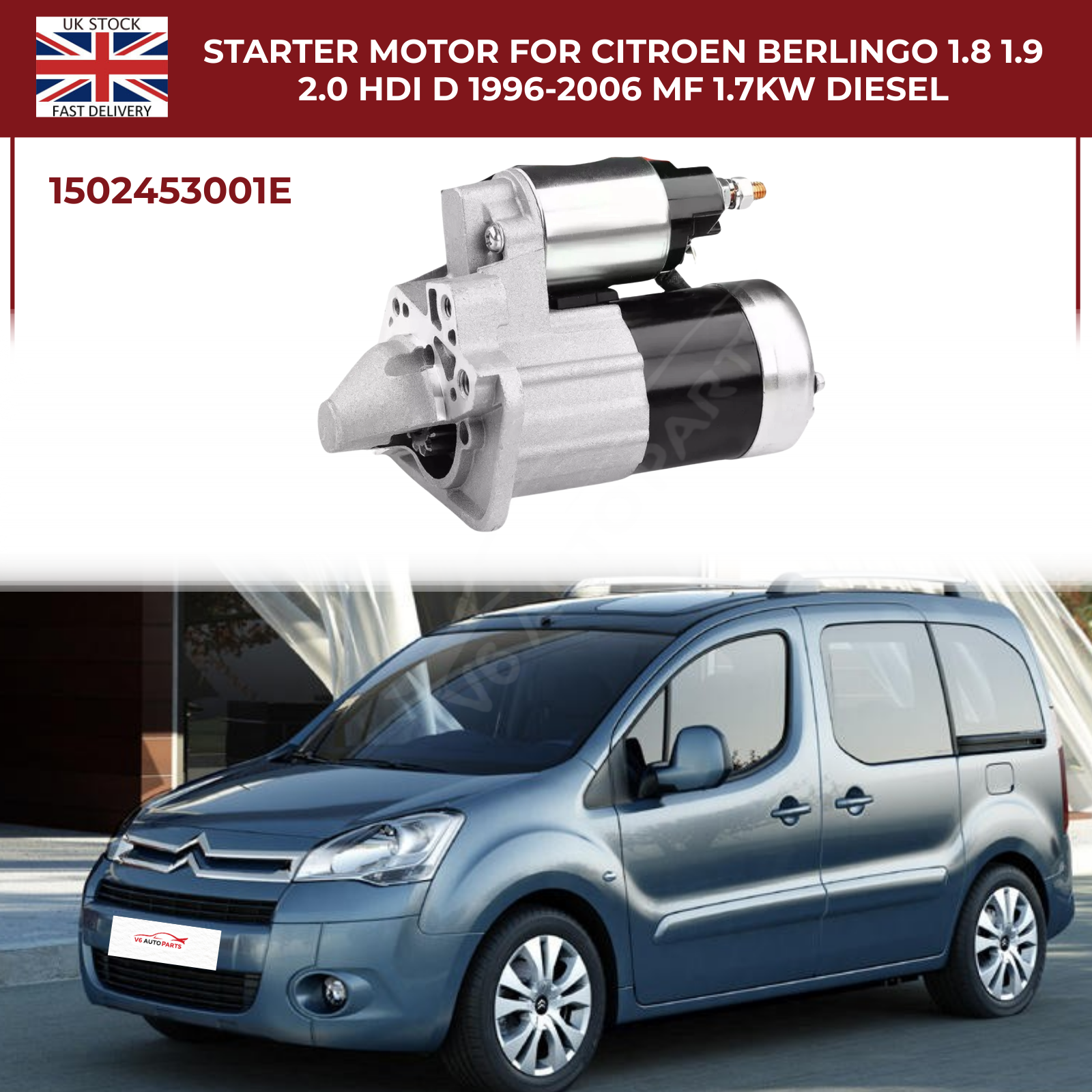 Starter Motor For Citroen Berlingo 1.8 1.9 2.0 HDi D 1996-2006 MF 1.7KW Diesel