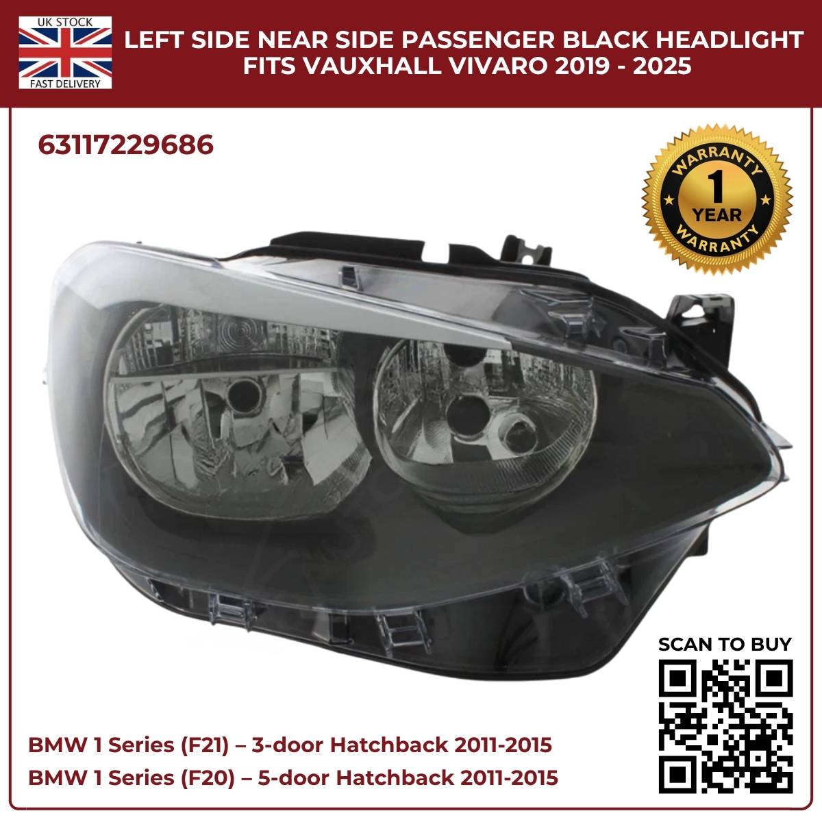 For BMW 1 Series F20/F21 Halogen Headlight – Right Side | 2011‑2015 RHD | Black Inner Housing | 63117229686