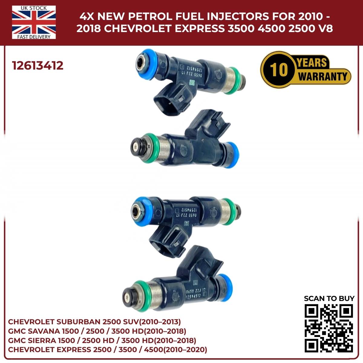 4× Fuel Injectors 12613412 – Fits 2010–2013 Chevrolet Suburban 2500 HD 6.0L V8 Petrol