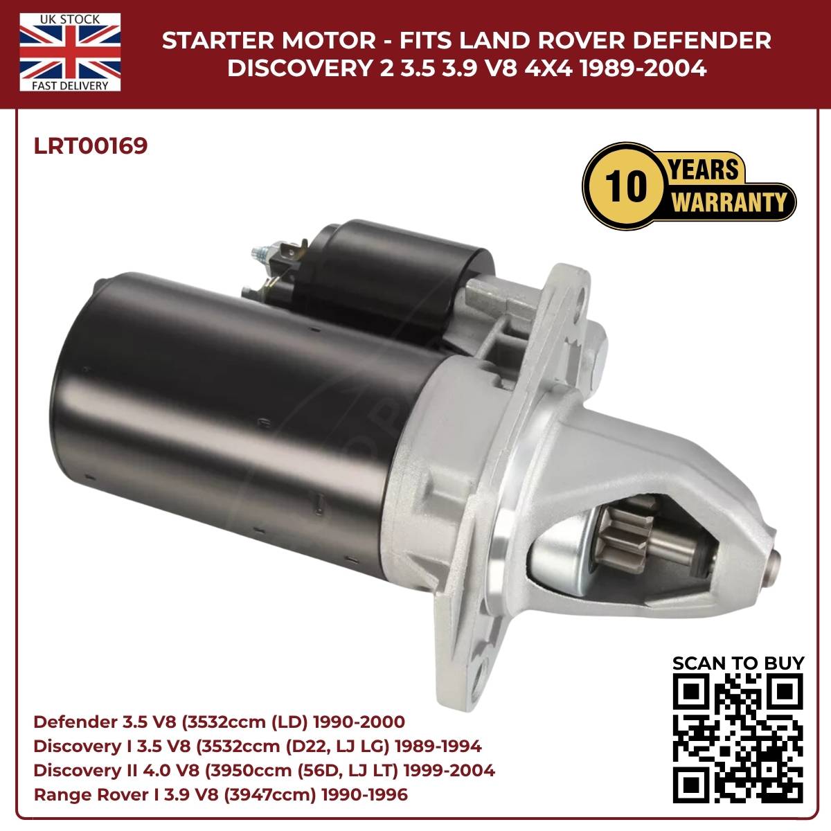 Starter Motor for Land Rover Defender & Discovery V8 (3.5, 3.9, 4.0) – 1989‑2004 | OEM Replacement