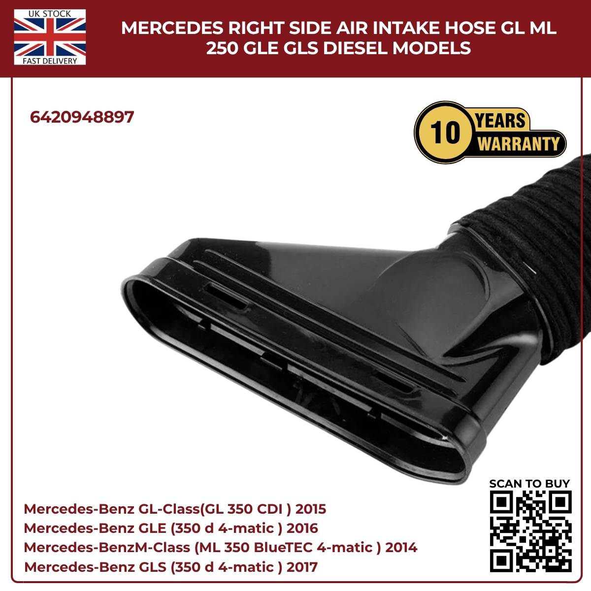 Mercedes Right Side Air Intake Hose - GL, ML, GLE, GLS Diesel Models 6420948897