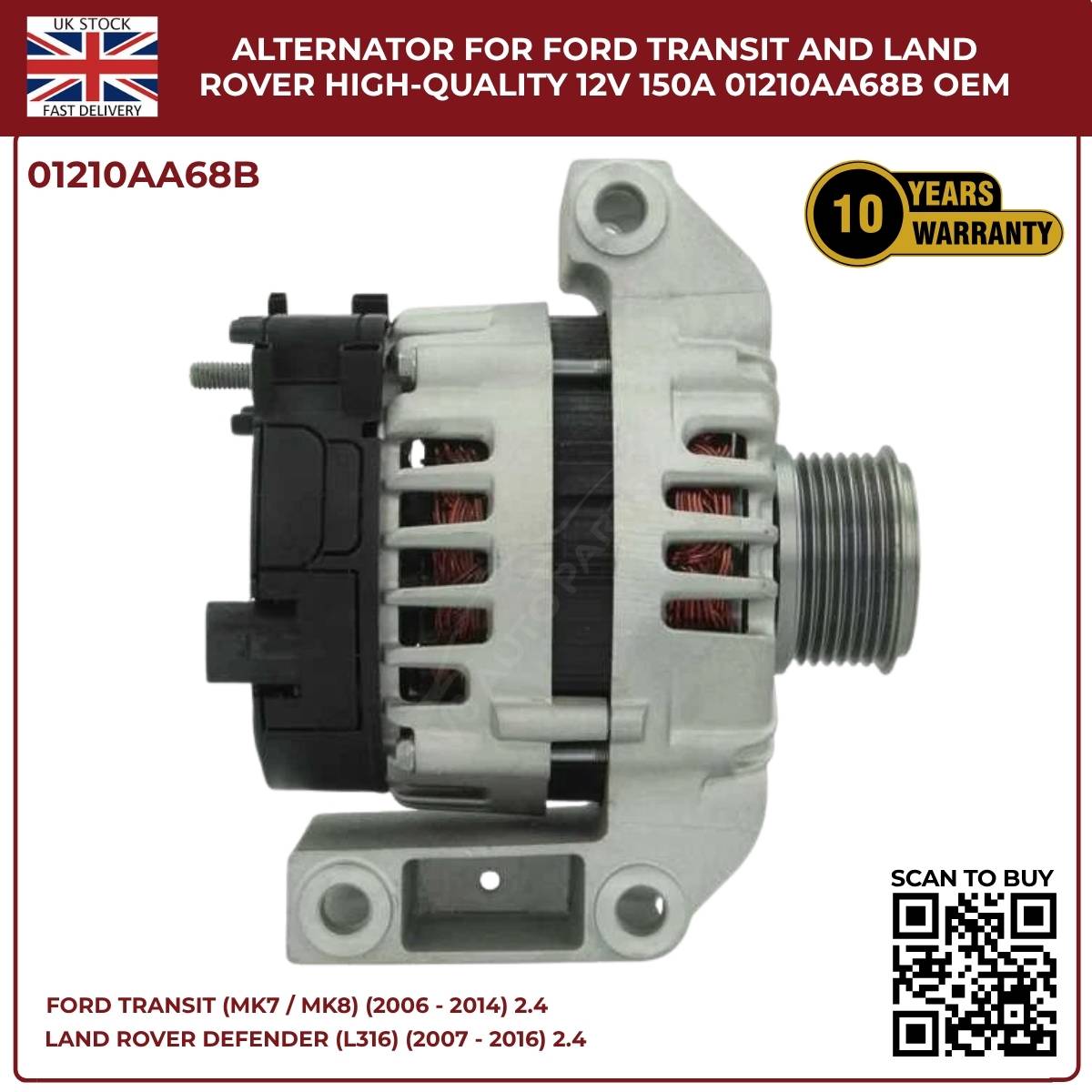 Ford Transit MK7 Alternator 2.4 TDCi Diesel 2006‑2014 – OEM Replacement (1372737 / 1581844 / 1730987)