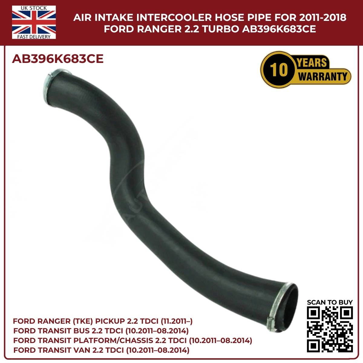 Black Intercooler Turbo Air Intake Hose Pipe – Fits Ford Ranger 2.2 TDCi (2011–2018) AB396K683CE