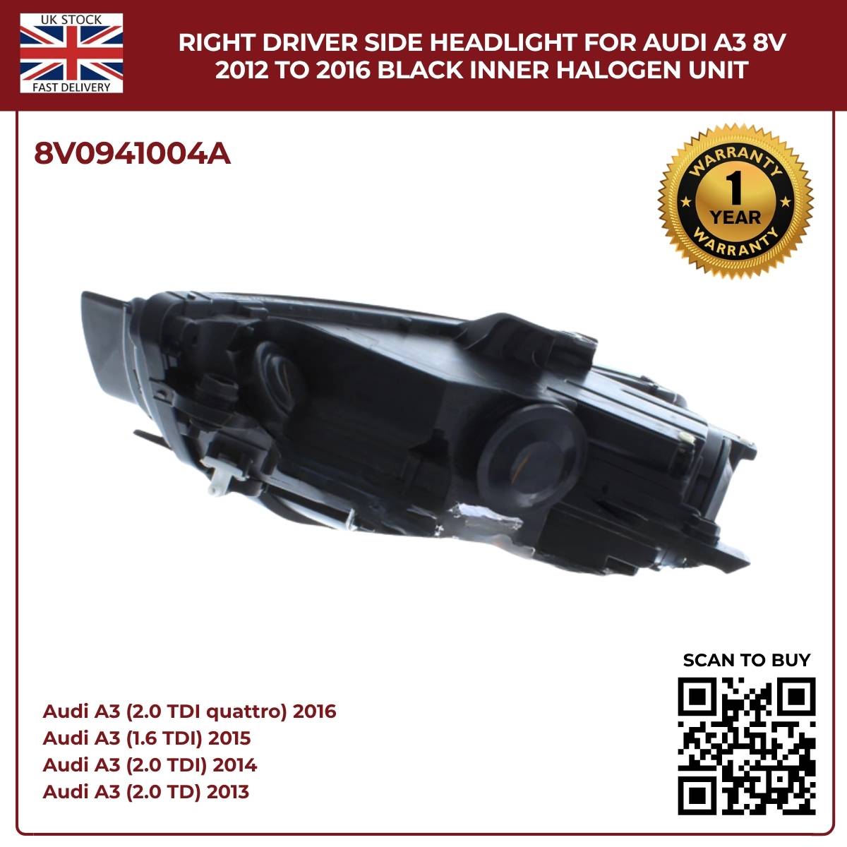 Image of Right Hand Halogen Headlight for Audi A3 8V 2012-2016 8V0941004A
