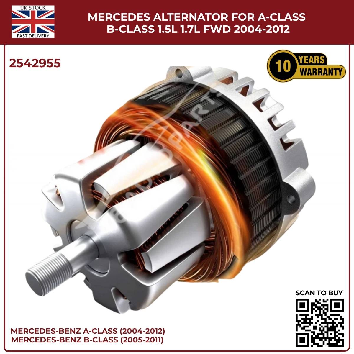 Mercedes Alternator SG9B121 / 2542955 — A-Class W169 & B-Class W245 1.5L / 1.7L Petrol FWD (2004–2012)