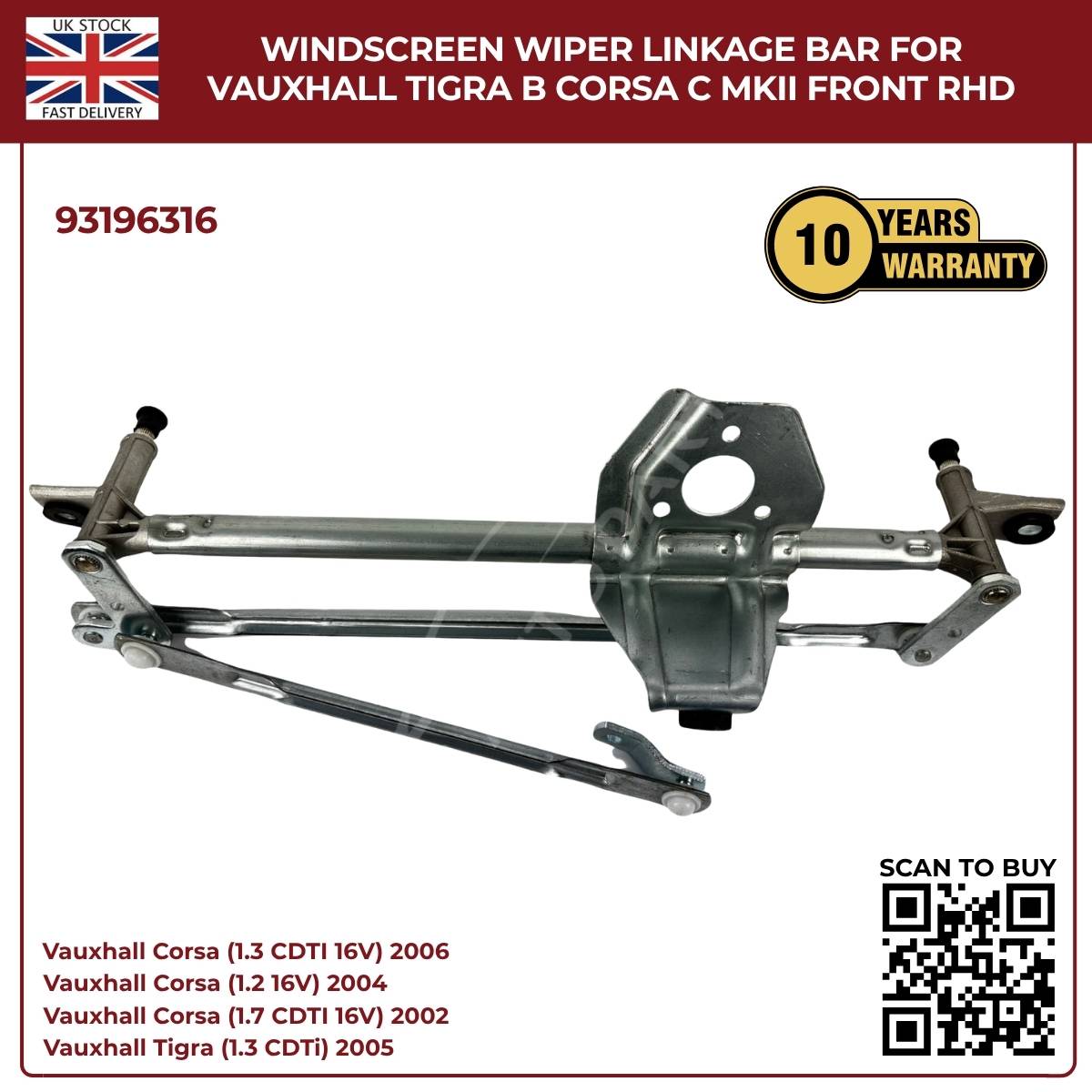 Front Windscreen Wiper Linkage Mechanism Arm for Vauxhall Corsa C Mk2 2000–2006 (Front Wiper Linkage 93196316)