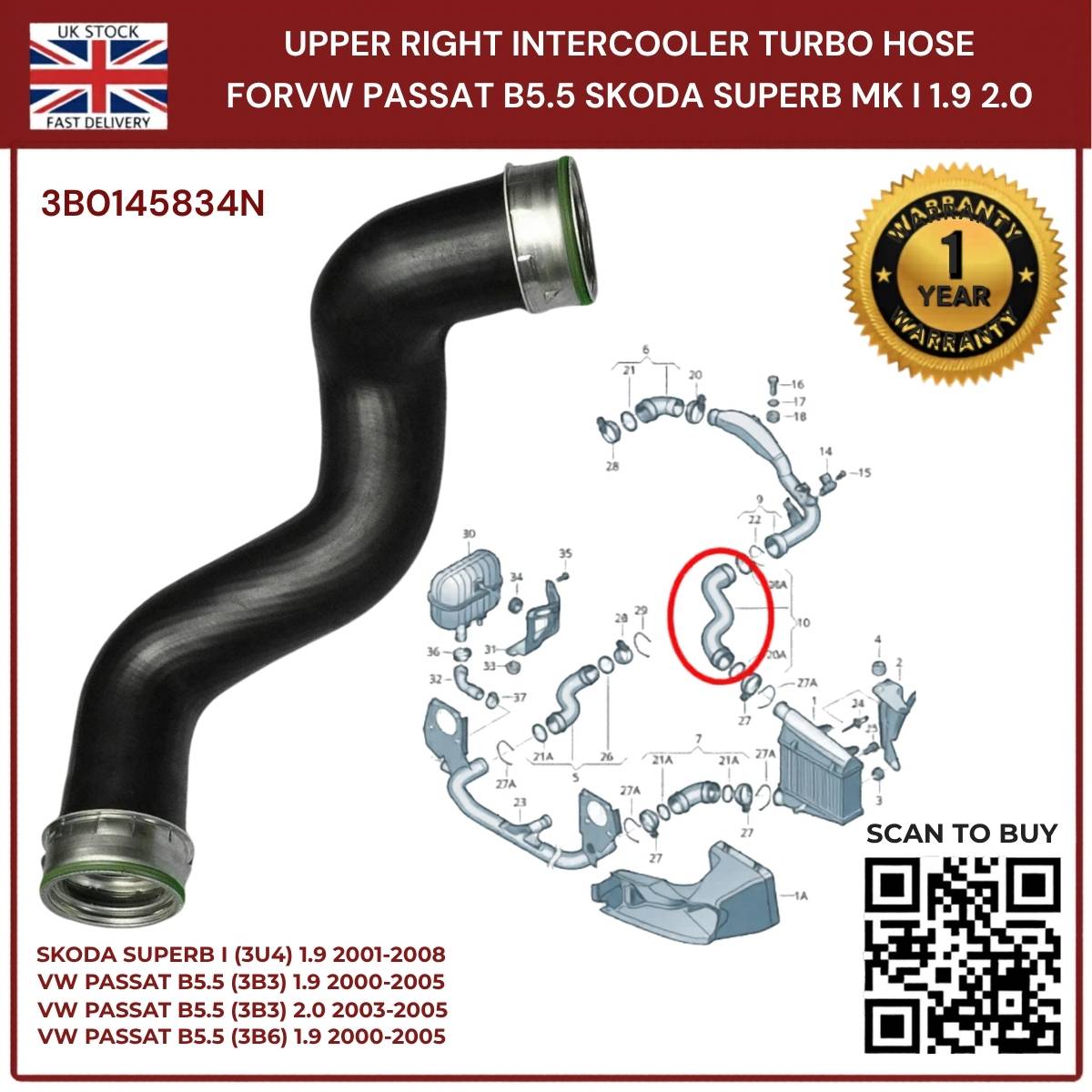 image of intercooler turbo hose for Skoda Superb 1.9 2.0 3B0145834N