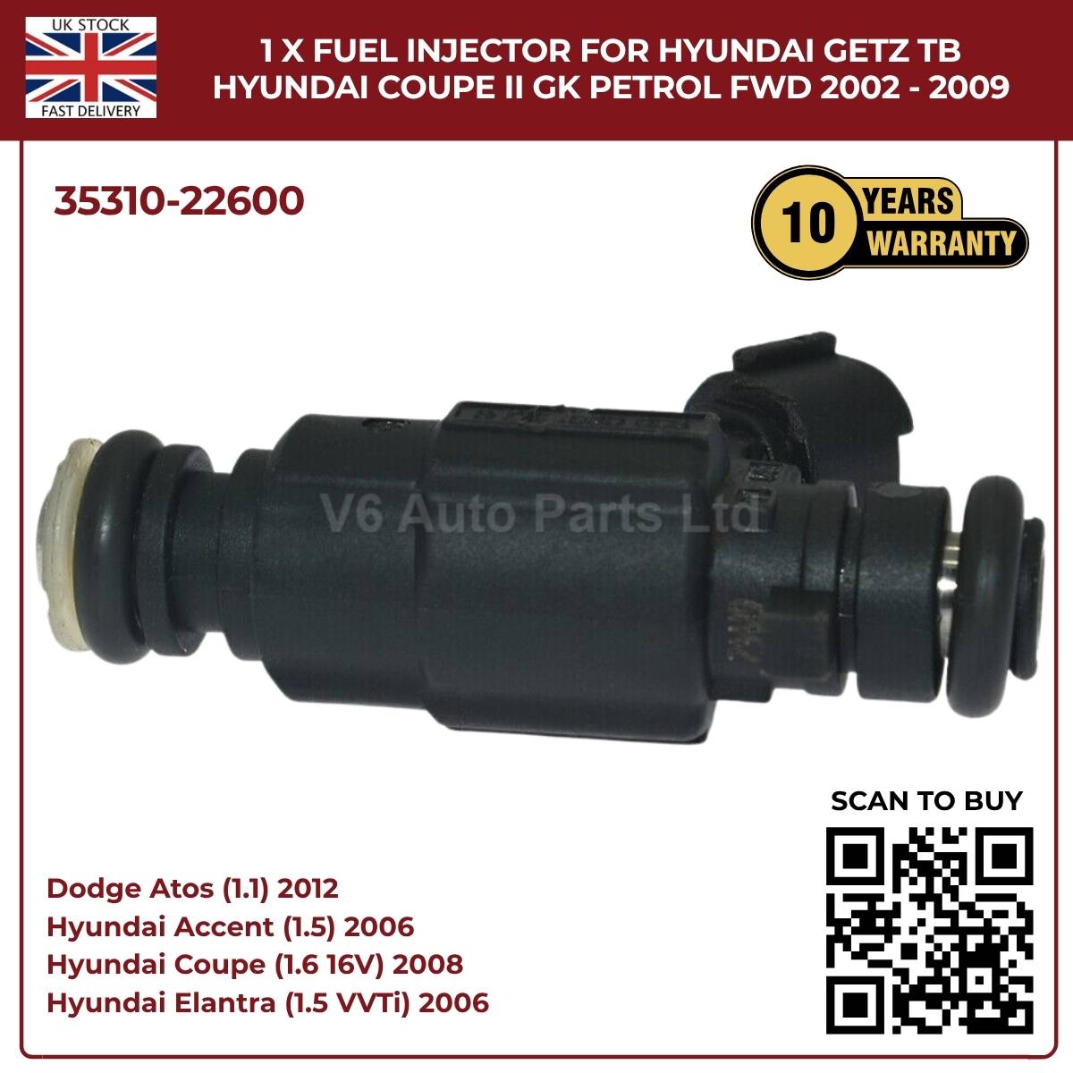 1 x Fuel Injector 35310‑22600 – Fits 2002‑2009 Hyundai Getz TB & Coupe II GK Petrol FWD