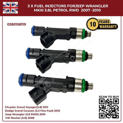 3x Fuel Injectors 0280158119 – Fits 2007–2010 Jeep Wrangler MKIII 3.8L Petrol RWD | OE Replacement