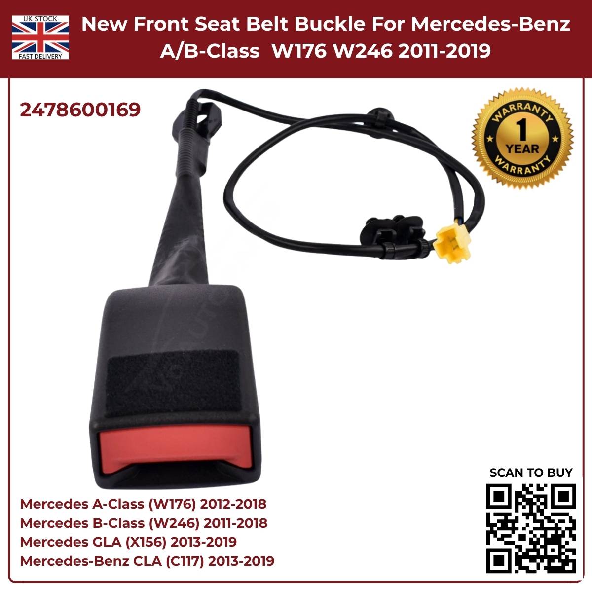 Front Seat Belt Buckle — Mercedes-Benz A-Class W176 / B-Class W246 — OE A24786095039051