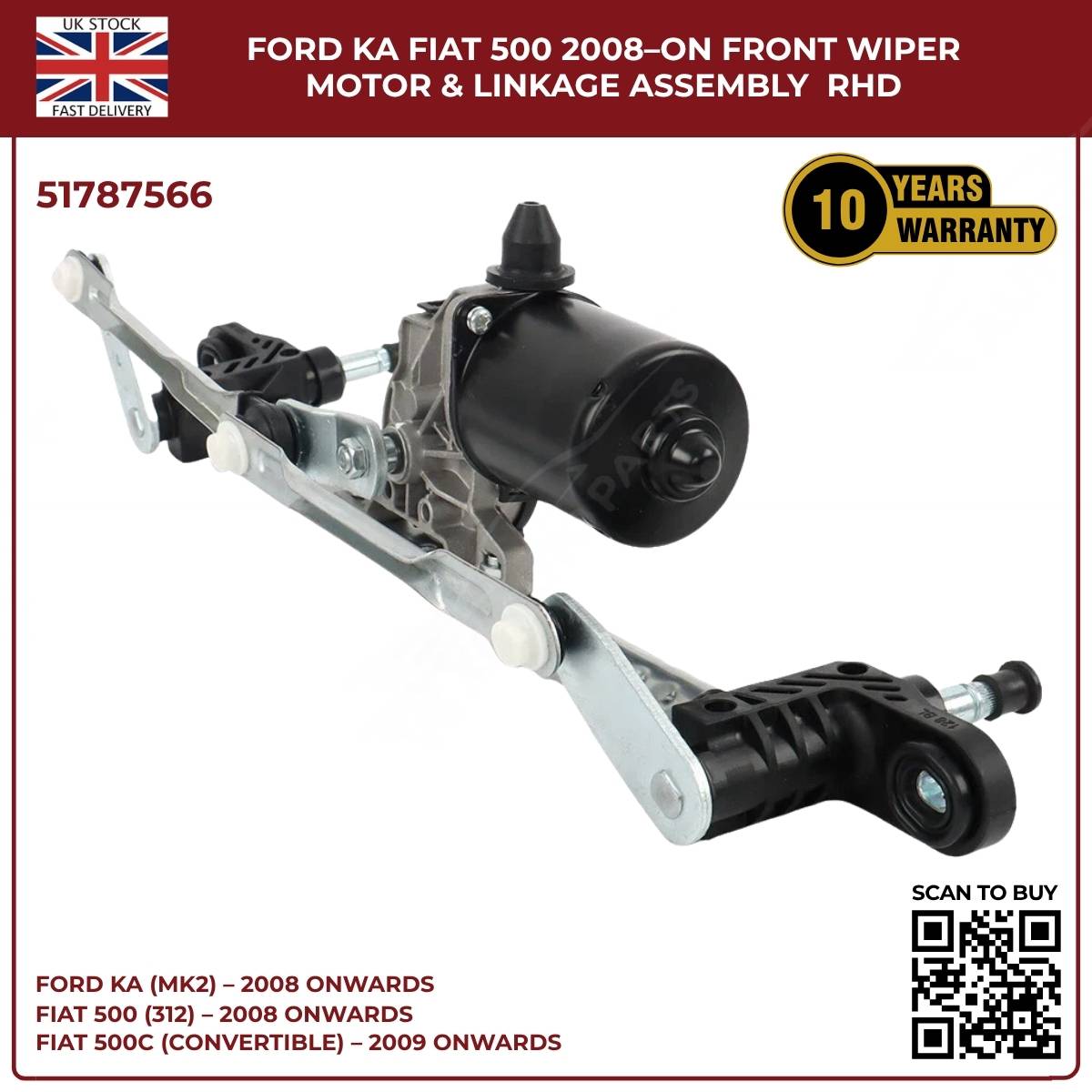 image of Ford KA front windshield wiper motor with linkage assembly OE 51787566