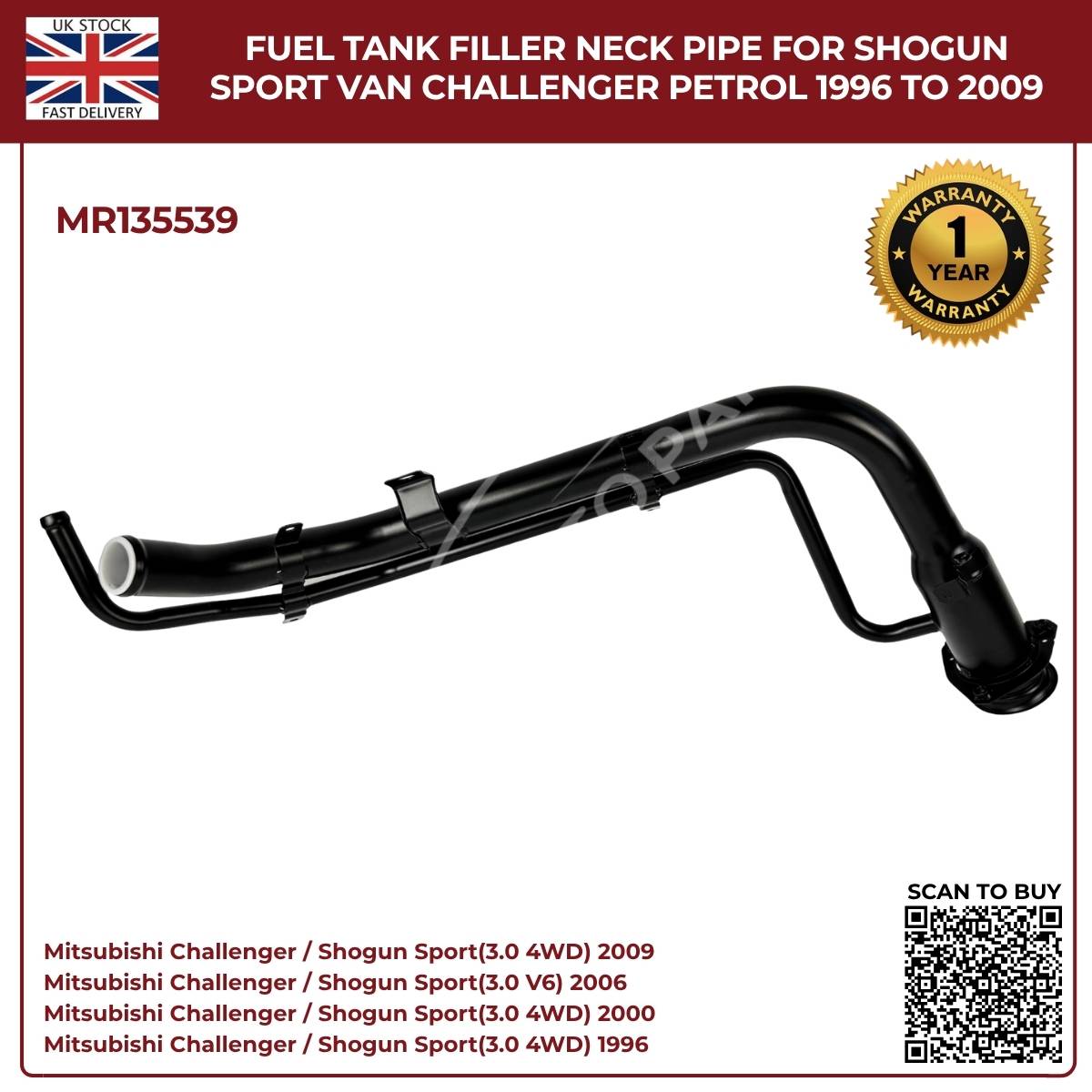 Fuel Tank Filler Neck Pipe MR135539 for Mitsubishi Shogun Sport & Challenger Petrol 1996–2009