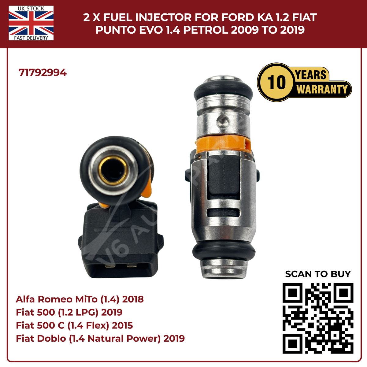 2× Fuel Injectors 71792994 – Fits 2009–2019 Ford Ka 1.2 & Fiat Punto Evo 1.4 Petrol