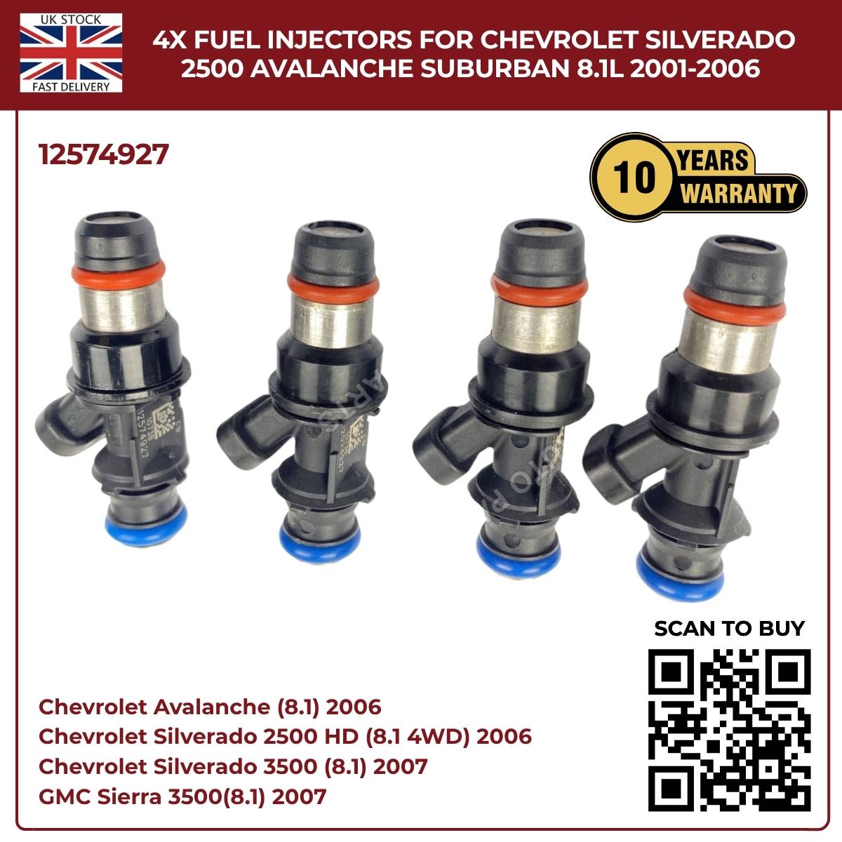 Set of 4 Fuel Injectors | Fits 2001–2006 Chevy Silverado 2500HD, Avalanche 2500, Suburban 2500 | 8.1L Vortec V8 OEM Replacement