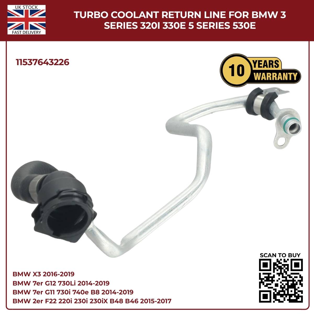 BMW Turbocharger Coolant Return Hose – Right Passenger Side | Fits B46/B48 Petrol Engines | OEM Ref 11537643226